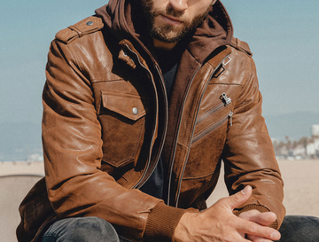 Motorcycle Zip-Front Leather Jacket with Hood